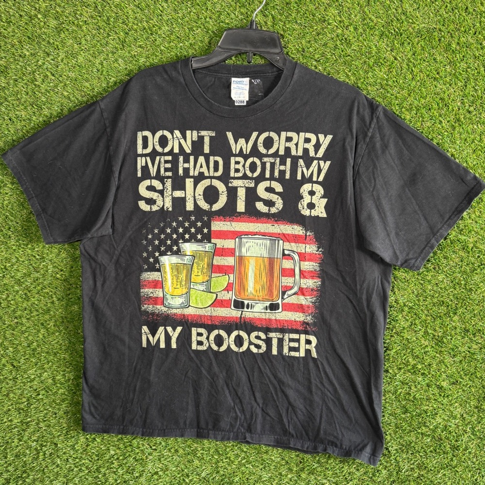 Mens Don't Worry Shots and Booster Graphic Black T-Shirt XL